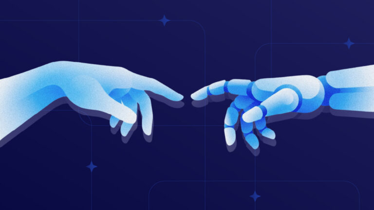 Mão humana aproxima-se de uma mão robótica azul sobre fundo azul escuro, simbolizando a colaboração entre humanos e máquinas.